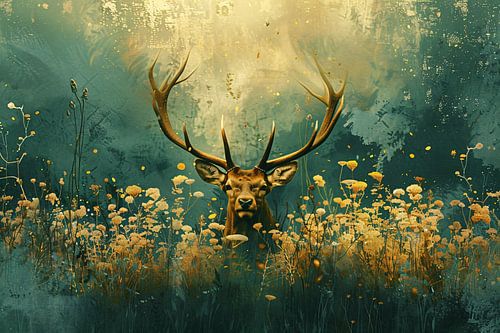 Majestueus hert in bloemenrijk veld