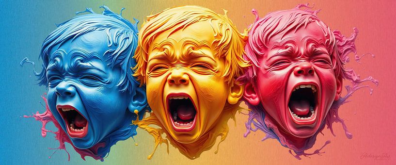 The cry and silence of the world and the flaming voice of children - a sculptural lament in cyan, yellow and magenta by AidasignArt