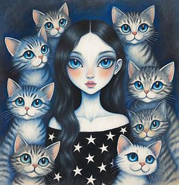 Mädchen mit acht Katzen