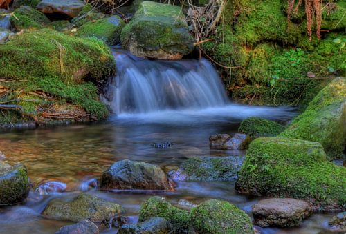 View of a waterfall among rocks with moss