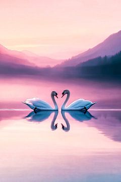 Elegante zwanen in roze landschap van Art & Soul Creations
