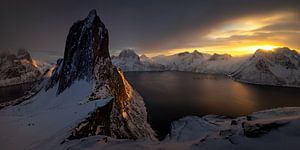 Panorama of Segla summit and Mefjorden in winter sunset, Senja, Norway