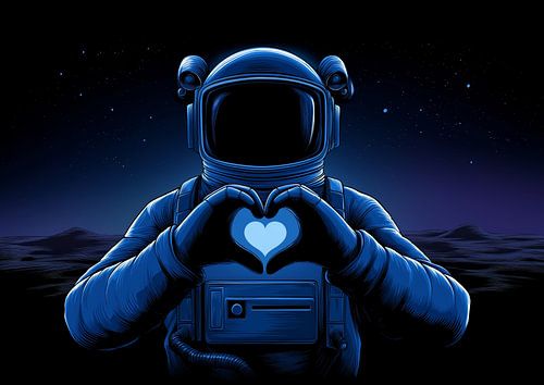 Blue Astronaut Making Heart Sign on Alien Moon