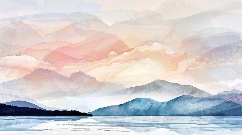 Abstract landschap met bergen en meer van Frank Heinz
