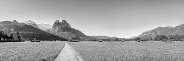 Almwiesen mit Holzhütten bei Garmisch Partenkirchen in schwarzweiß von Manfred Voss, Schwarz-weiss Fotografie