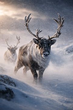 Rendieren in sneeuwstorm – krachtige arctische wildlife foto met winterse beweging en sfeer van Design Wall Arts