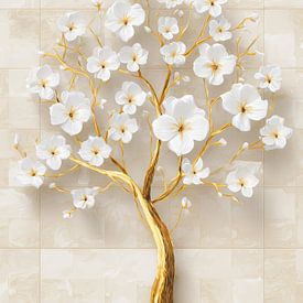 White blossom tree with golden trunk in serene style by But First Framing