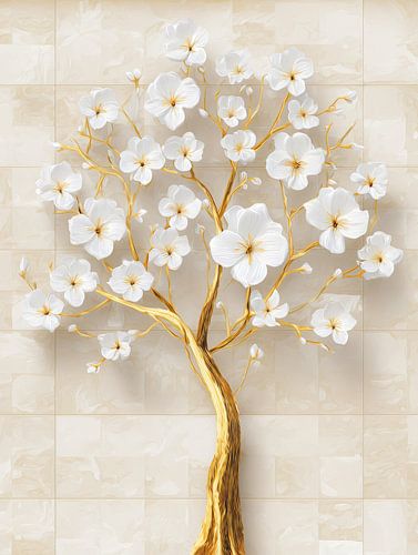 Weißer Blütenbaum mit goldenem Stamm in heiterem Stil