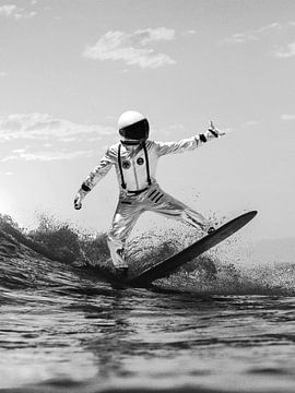 Astronaut Riding A Wave in Black And White by Dagmar Pels