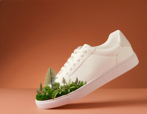 Minimalistischer weißer Sneaker mit einem winzigen Wald, der aus der Sohle wächst