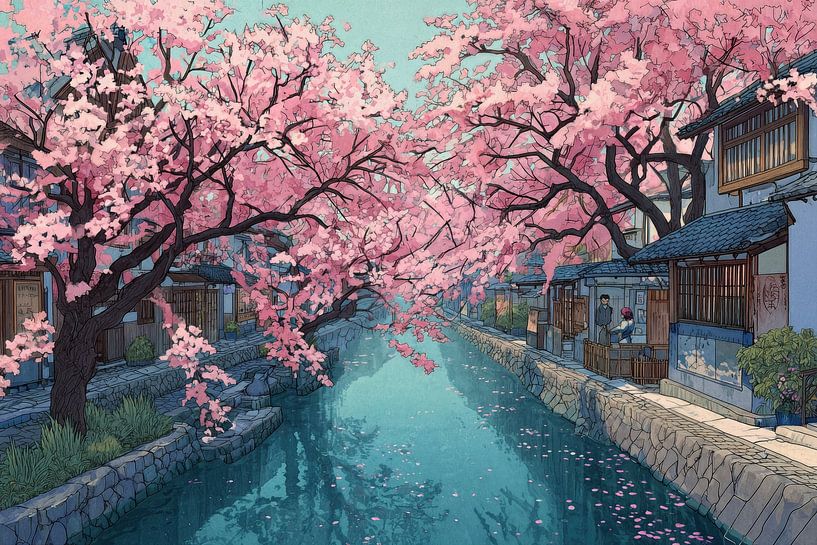 peinture acgtig Japon rivière mer sakura Kyoto par Egon Zitter