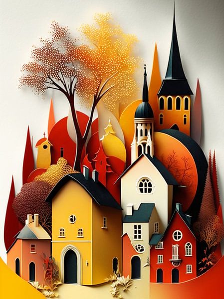 Stadsgezicht Papier Huizen Romaanse kerktorens van gm_designs