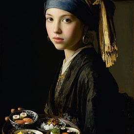 Mädchen mit Sushi - Elegantes Gemälde von Peter Pen Zeichnungen und Gemälde