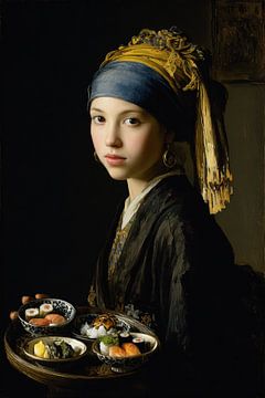 Girl with Sushi - Elegant Painting