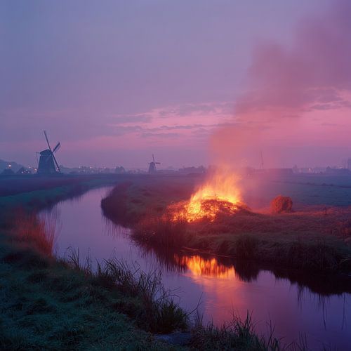 Feu dans le Polder Néerlandais au Crépuscule