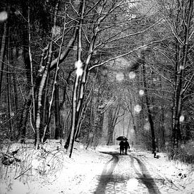 Een wandelend echtpaar door de sneeuw in het bos (zwartwit) van Carlijn van Gerrevink