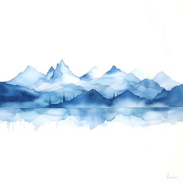 Blauw Japans landschap met bergen van Lauri Creates