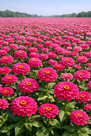 Een stralend veld met zinnia’s in felroze – een kleurrijke zee van bloemen van ButterflyPix