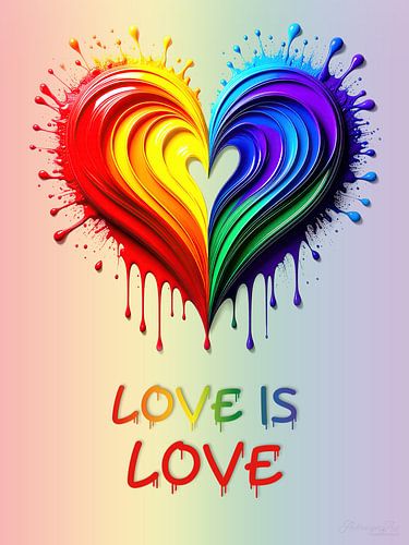 Pride vlag met hart - Love Is Love als stralend symbool van diversiteit, identiteit en doorleefde solidariteit, gedragen door emotie, kleur en de moed om zichtbaar te zijn