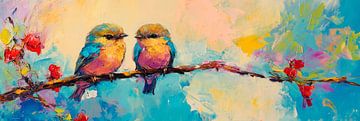 Verliefde vogels in een uitbarsting van kleur van Poster Art Shop