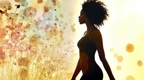 Silhouet van een vrouw met afro en bloemen