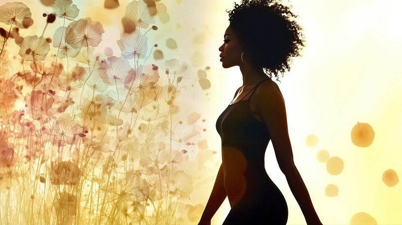 Silhouet van een vrouw met afro en bloemen van Frank Heinz