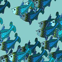 VISSEN grafische print in blauwtinten
