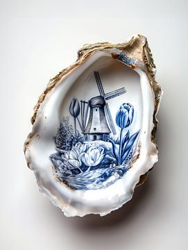 Oyster with Delft blue drawing by Margriet Hulsker