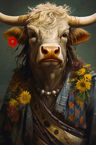 Hoogland koe met bloemen