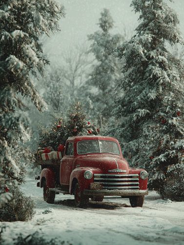 Camion vintage rouge avec des cadeaux de Noël et un sapin illuminé dans une forêt hivernale enneigée