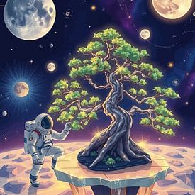 Astronaut and Bonsai Tree in Space by MIROKKU