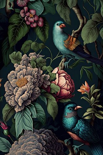 Twee vogels in een kleurrijke omgeving