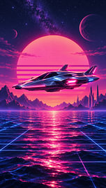 Futuristic Neon Spaceship Flying Over Alien Ocean With Retro Synthwave Sunset by Alfonz