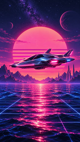 Futuristisch neonruimteschip dat over een buitenaardse oceaan vliegt met een retro synthwave-zonsondergang