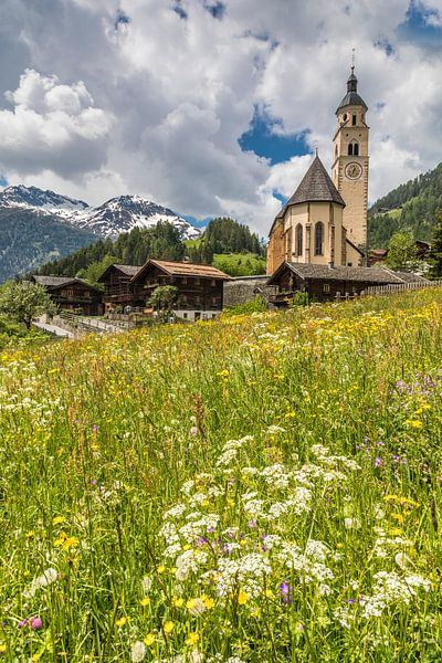 Maria Schnee pilgrimage church and old farmhouses in Obermauern in Virgental Valley by Christian Müringer