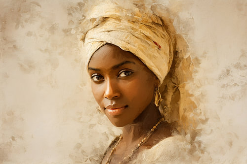 African woman wearing a headscarf and a beaded necklace