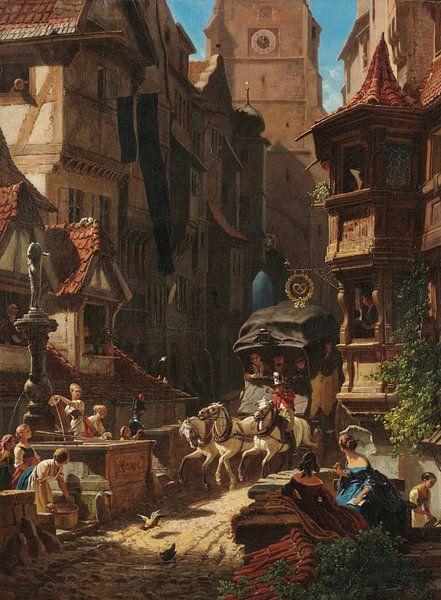 Carl Spitzweg, de aankomst van de postkoets - 1859 van Atelier Liesjes