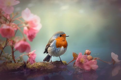 Roodborstje tussen Roze Bloesems - Romantische Fotokunst
