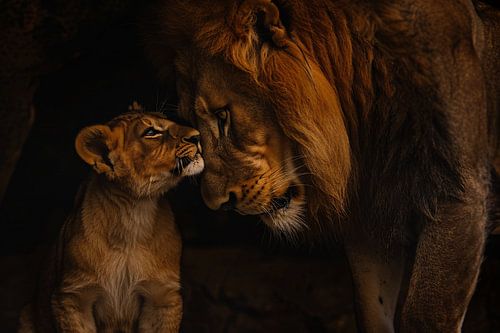 Intieme ontmoeting tussen leeuw en welp