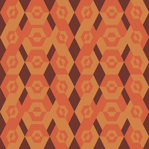 Geometrisch jaren 70 retro patroon in bruin, oranje en okergeel.