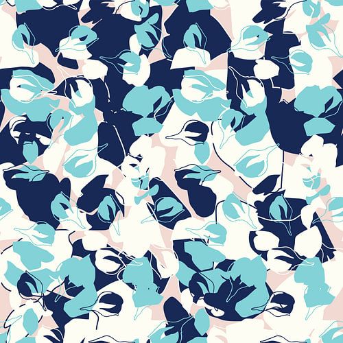 Retro bloesem. Abstracte botanische kunst in pastel roze, blauw en wit.