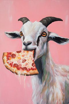 Geit die pizza eet op roze achtergrond van Poster Art Shop