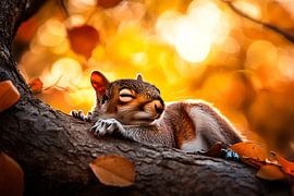 Schlafendes Eichhörnchen im Herbstlicht von Art & Soul Creations