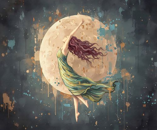 Dromende Vrouw voor de Maan – Moderne Spirituele Kunst aan de Muur