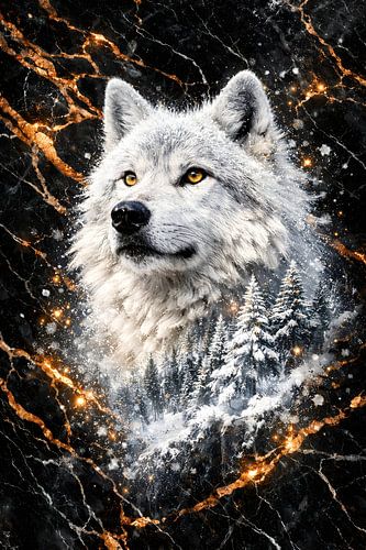 Arctic Wolf Winter Forest Marble – kunstwerk met dubbele belichting