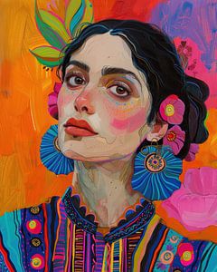 Krachtig Señorita Portret in Kleurrijke Folkloristische Stijl