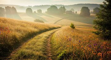Chemin de campagne avec fleurs sauvages et bâtiments lointains