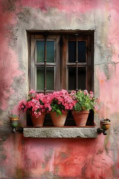 Sicilian window with terracotta pots full of geraniums by Marijke Trienekens