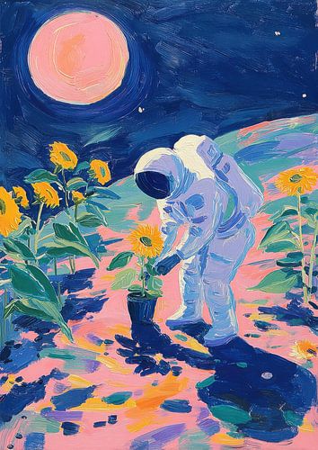 Astronaut & Zonnebloemen - Pastel Gouache