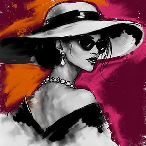 Fashionista Strichzeichnung rosa-orange – Frau mit Sonnenbrille und Hut